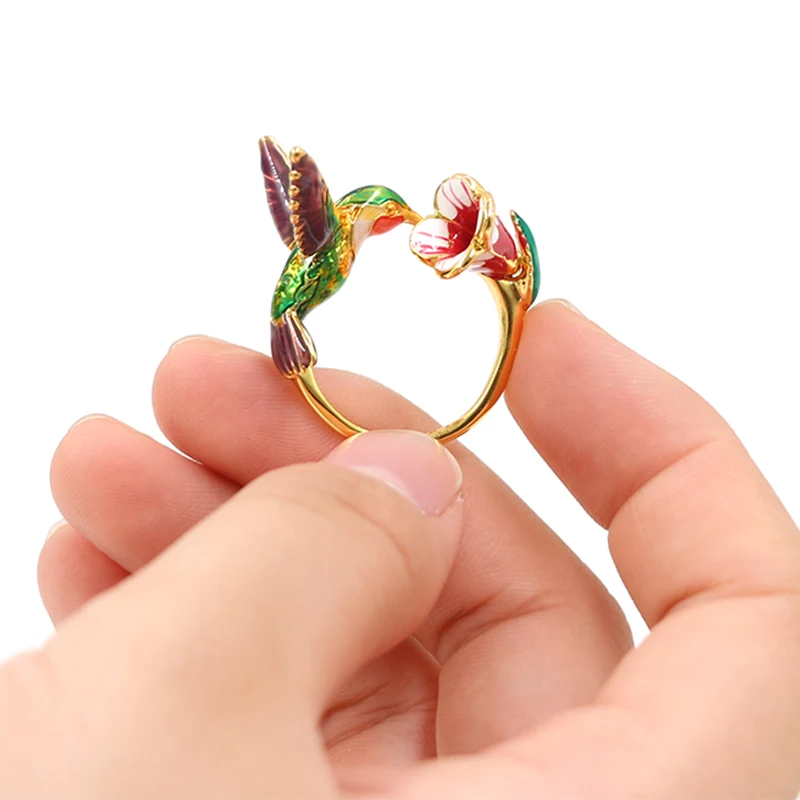 Gold Plated Enamel Flower-Bird Brass Ring