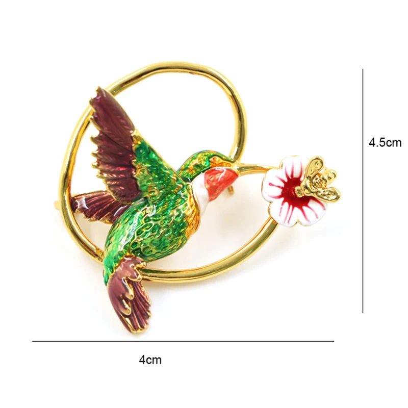 Enamel Bird and Flower Brooch Gold Plated Brass